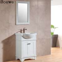 white waterproof solid wood vanity bathroom furniture sets, floor standing wash basin cabinet with ceramic basin sink & mirror